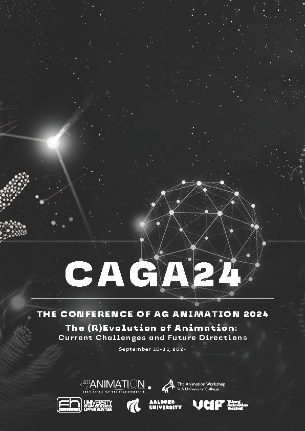 Front page of the conference proceedings CAGA24 – The Conference of AG Animation 2024. The background is black with stars and a large spherical network structure of interconnected points on the right. In the center of the page, the text reads: CAGA24 – The Conference of AG Animation 2024 – The (R)Evolution of Animation: Current Challenges and Future Directions – September 10–11, 2024. At the bottom, the logos of AG Animation, FH University of Applied Sciences Upper Austria, Aalborg University, The Animation Workshop VIA University College, and VAF – Viborg Animation Festival are displayed.