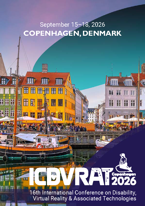 Front cover featuring the conference title “16th International Conference on Disability, Virtual Reality & Associated Technologies” in white text, with the date “15-18 September 2026” and location “Copenhagen, Denmark”. The design includes a blue-toned abstract graphic element in the background